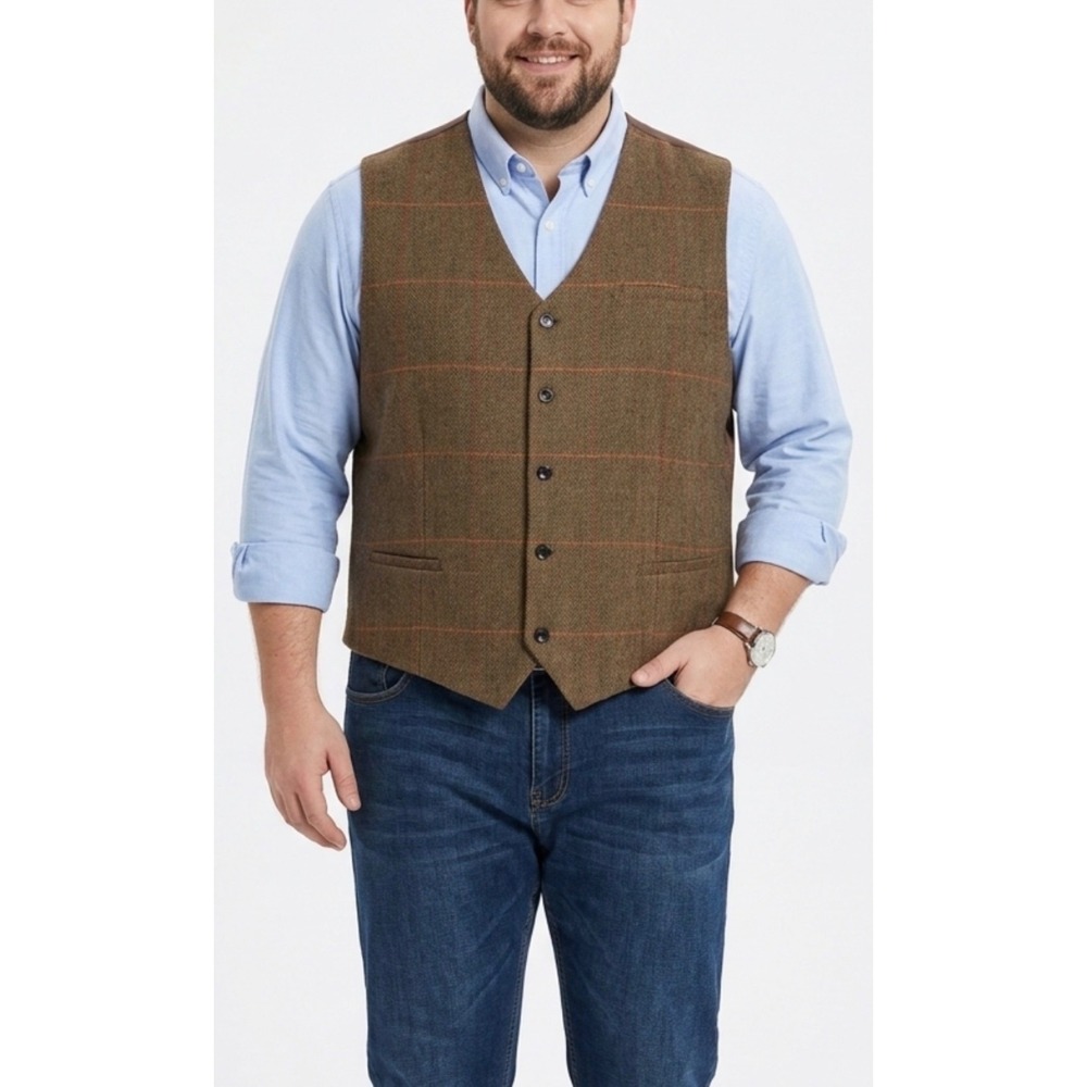 Paul Jones Men 3XL Brown Herringbone Windowpane Tweed Suit Vest Eclectic Grandpa